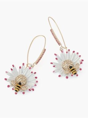 Betsey Johnson Flower Bee Earrings White with Pink Rhinestone NIB